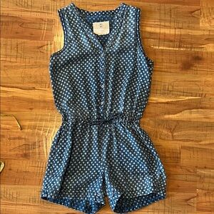 Blue Polka Dot Ladies Linen Romper - Sleeveless Drawstring Waist